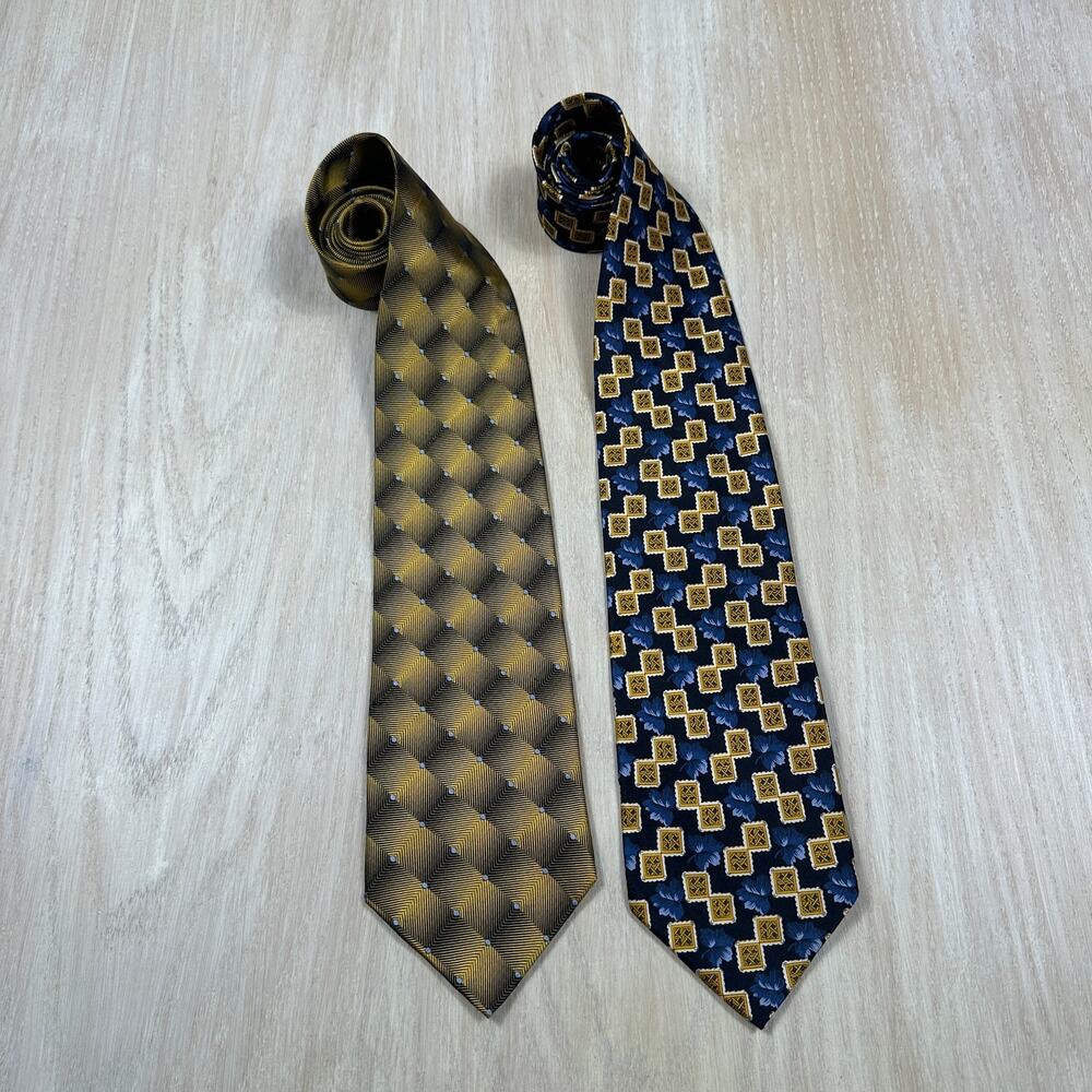 Supersmart 100% Silk Men's Tie Bundle of 2 Blue Yellow Necktie Preppy Business